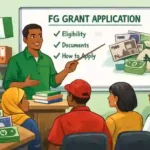 Tutor teaching Nigerians how to apply for FG grants in 2026 with Nigerian naira notes and application guide illustration