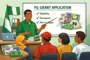 Tutor teaching Nigerians how to apply for FG grants in 2026 with Nigerian naira notes and application guide illustration