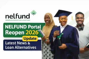NELFUND Portal Reopen 2026 update showing Nigerian students with graduation cap and books – Nigerian Education Loan Fund student loan news
