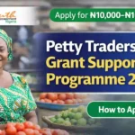Petty Traders Grant Support Programme 2026 thumbnail showing Youth Empowerment Nigeria logo and a market woman promoting ₦10,000–₦100,000 small business grant application.