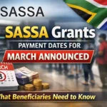 Graphic showing SASSA grants March 2026 payment dates announcement with South African flag, ATM queue, and calendar highlighting March 3 payment start date for beneficiaries.