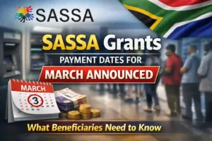 Graphic showing SASSA grants March 2026 payment dates announcement with South African flag, ATM queue, and calendar highlighting March 3 payment start date for beneficiaries.