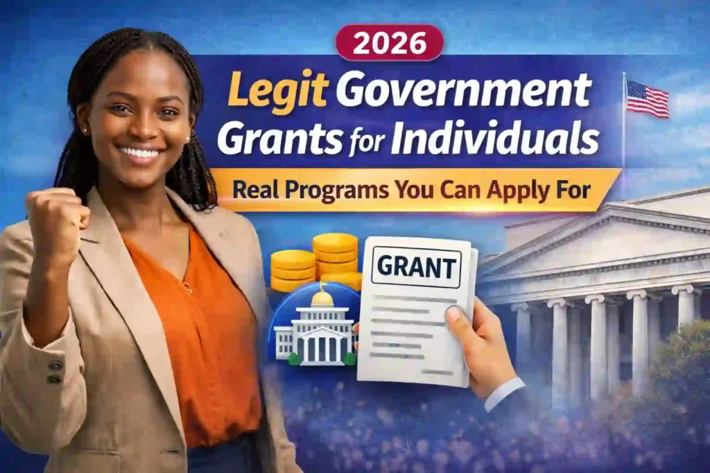 Thumbnail showing a woman with a raised fist beside government buildings, coins, and a grant document representing legit government grants for individuals and financial assistance programs.