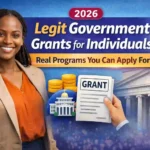 Thumbnail showing a woman with a raised fist beside government buildings, coins, and a grant document representing legit government grants for individuals and financial assistance programs.