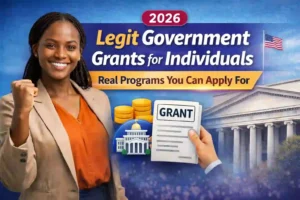 Thumbnail showing a woman with a raised fist beside government buildings, coins, and a grant document representing legit government grants for individuals and financial assistance programs.