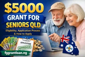 Illustration showing the $5000 Grant for Seniors QLD with older adults and text highlighting eligibility, application process, and funding up to $15,000 for community projects.