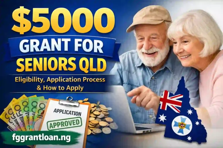 Illustration showing the $5000 Grant for Seniors QLD with older adults and text highlighting eligibility, application process, and funding up to $15,000 for community projects.